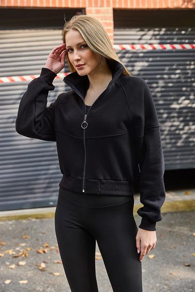 Kadın Fermuarlı Dikiş Detaylı Sweat Siyah