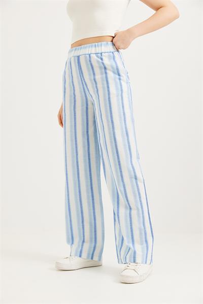 Beli Lastikli Rahat Kesim Keten Pantolon Mavi
