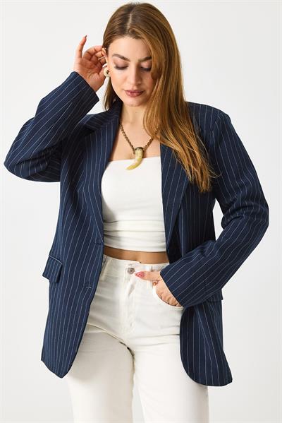 Kadın Çizgi Desen Blazer Ceket Lacivert