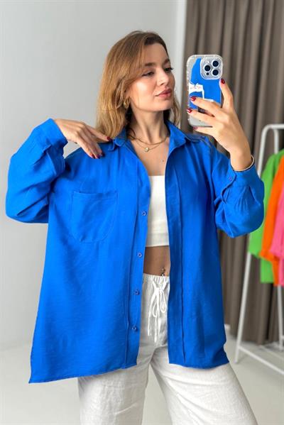 Uzun Kollu Cep Detaylı Basic Gömlek Mavi