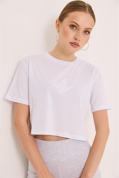 Karikatür Kuş Kabartma Baskılı Örme Crop Tshirt Beyaz
