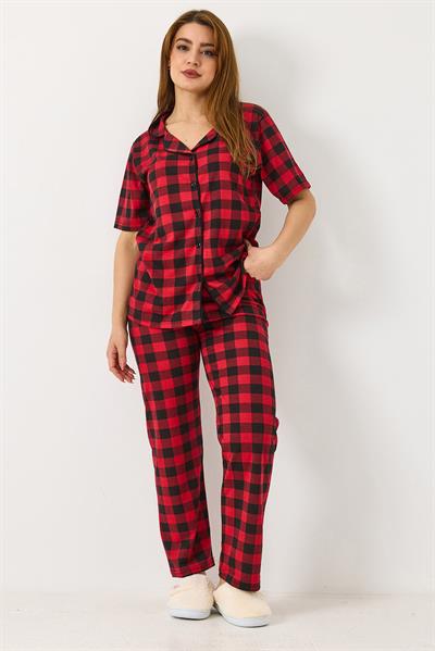 Kadın Ekoseli Pijama Takımı Kırmızı