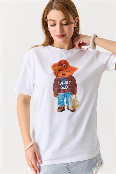 Ayıcık Baskılı Pamuklu Bisiklet Yaka Tshirt Beyaz