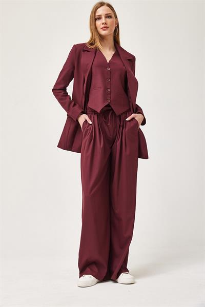Regular Fit Blazer Yelek Crop Düz Düğmeli Bordo