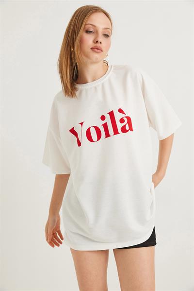 Voila Baskılı Oversize İki İplik Tshirt Beyaz