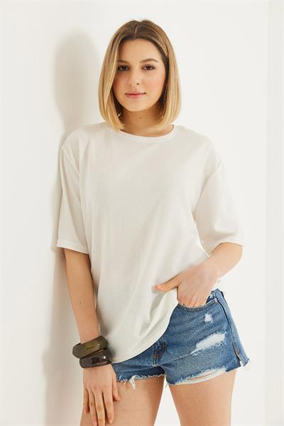 Bisiklet Yaka  Kısa Kol Basic Tshirt Beyaz