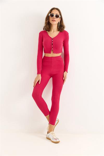 Kadın Düğmeli  Crop Tayt Fitilli Takım Pembe