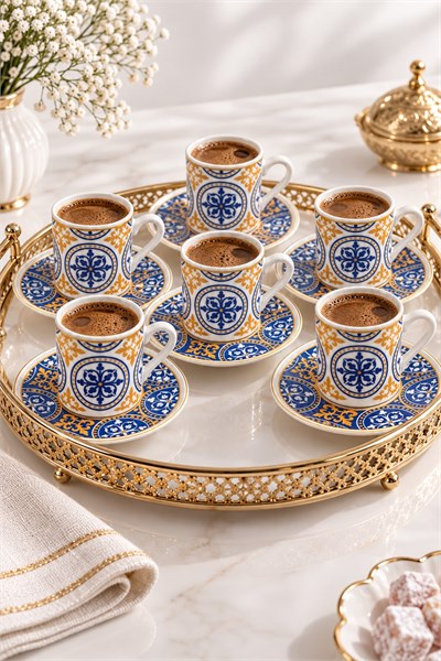 12 Parça 6lı Çini/Kano Motifli Fincan Takımı Turuncu