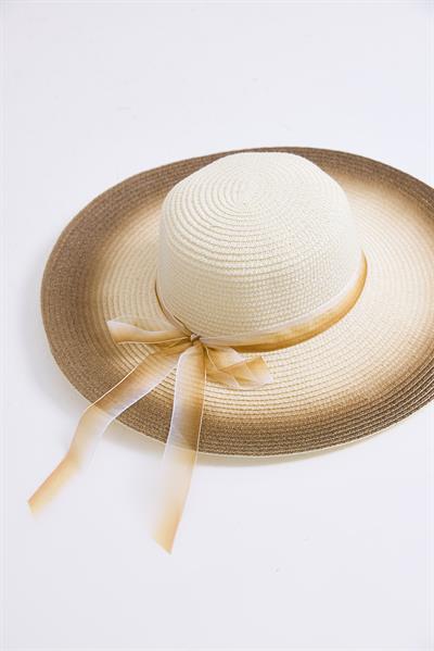 Büyük Kenarlı Renkli Hasır Kadın Şapka Bej