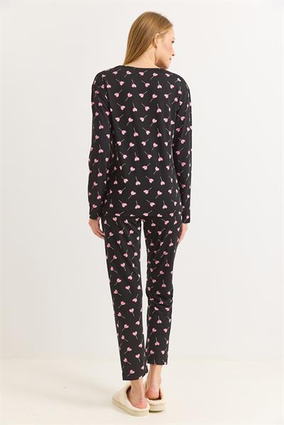 Kadın Bisiklet Yaka Pembe Kalp Baskılı Pijama Takımı Siyah