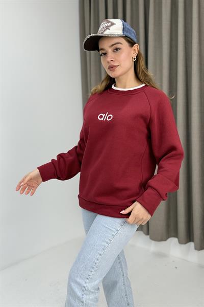 Kadın Yakası Garnili Bol Kesim Sweatshirt Bordo