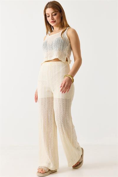 Kadın Ajurlu Pantolun Crop Bluz İkili Takım Ekru Astarsız