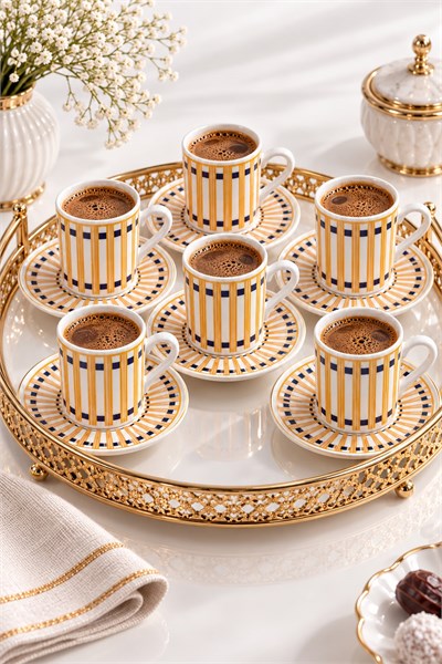 12 Parça 6lı Çizgi Desenli Fincan Takımı Sarı
