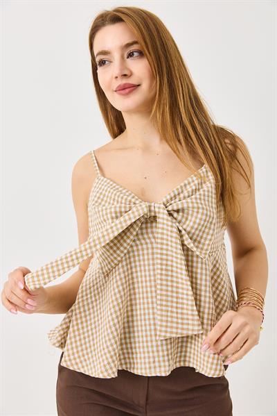 Kadın Büyük Fiyonk Detaylı Ekoseli Askılı Keten Görünümlü Bluz Vizon