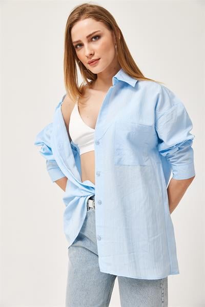 Oversize Cepli Poplin Gömlek Mavi