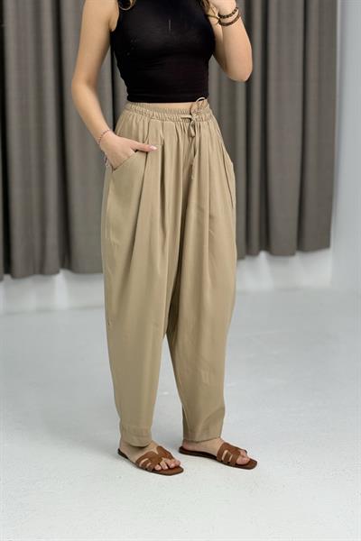 Kadın Şalvar Tipi Salaş Bel Bağcıklı Pantolon Vizon