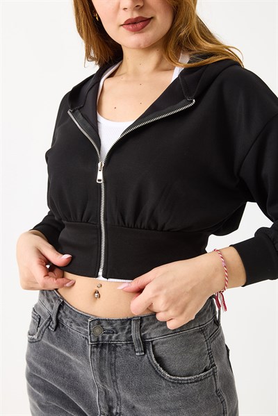 Bel Detaylı Fermuarlı Üç İplik Crop Sweatshirt Siyah