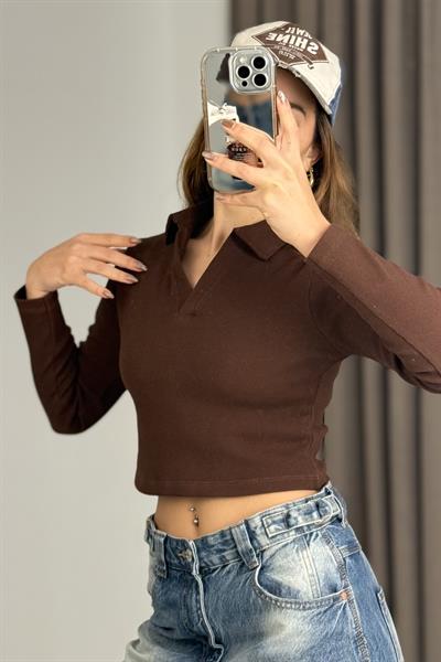 Kadın Polo Yaka Fitilli Crop Bluz Kahverengi