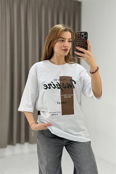 Kadın Yazı Baskılı Bisiklet Yaka Tshirt Beyaz