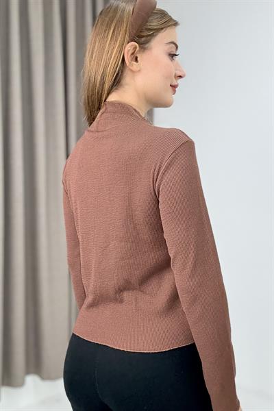 Kadın Dikiş Detaylu Esnek Uzun Kollu Bluz Kahverengi