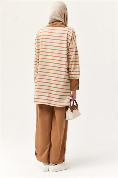 Yaka Fermuarlı Kol Detaylı  İkili Takım Vizon