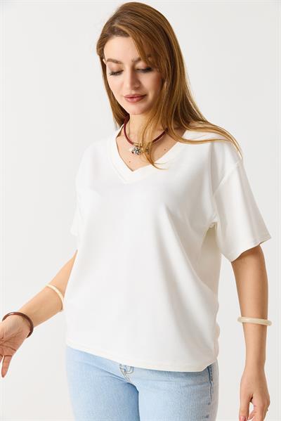 Kadın V Yaka Modal Kısa Kollu Tshirt  Beyaz