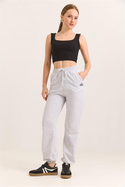 Alo Baskılı Cepli Beli Lastikli İki İp Eşofman Gri