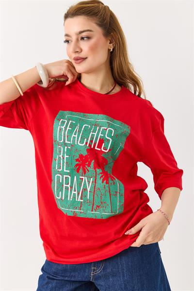 Kadın Baskılı Bisiklet Yaka Kısa Kol Tshirt Kırmızı