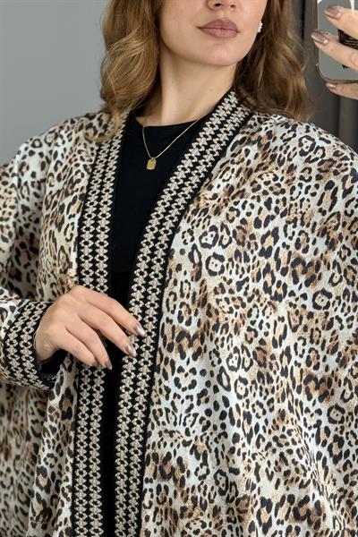 Oversizee Şerit Detaylı Kimono Hırka Leopar