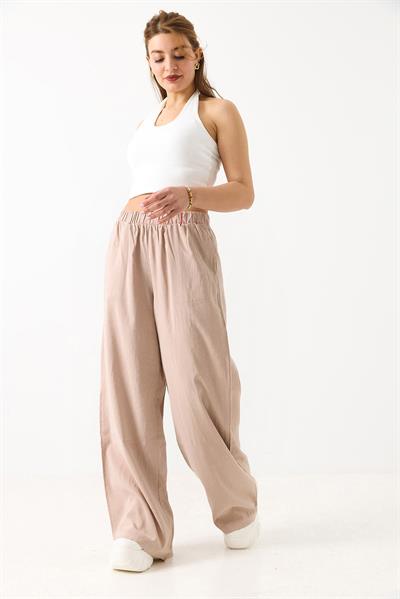 Kadın Taş Detaylı Bol Kesim Keten Görünümlü Pantolon  Vizon