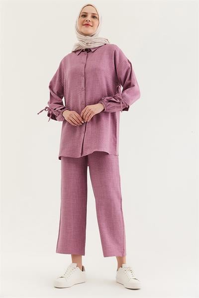 Kol Büzgülü Gömlek Pantolon İkili Takım Gül Kurusu