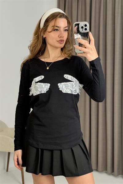 Kadın Siyah  Rahat Esnek Güpürlü Uzun Kollu Tşhirt