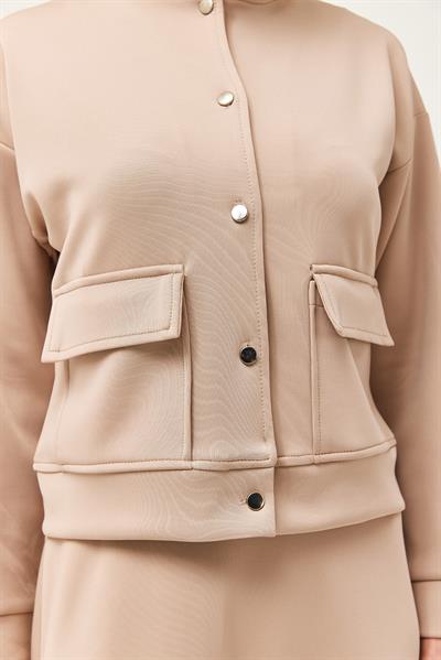 Metal Düğmeli Etekli Scuba İkili Takım Bej