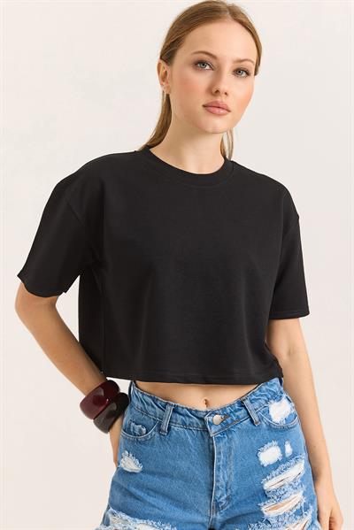 Bisiklet Yaka Havalı Crop İki İp Tshirt Siyah