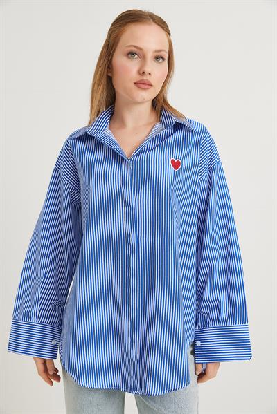 Kalp Nakışlı  Oversize Basic Gömlek Lacivert