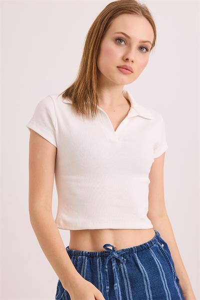 Polo Yaka Basıc Kısa Kollu Örme Kaşkorse Crop Bluz Beyaz