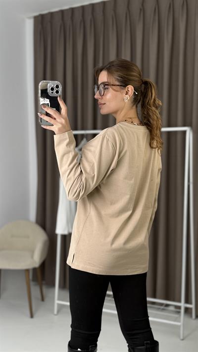 Kadın Vizon Yazı Baskılı Uzun Kollu  Tshirt