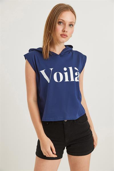 Kapüşonlu Sıfır Kol Baskılı Tshirt Lacivert