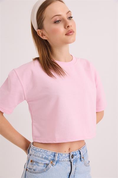 Bisiklet Yaka İki İplik Crop Bluz Açık Pembe