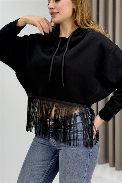 Kadın İp Saçaklı Kapuşonlu Sweatshirt Siyah