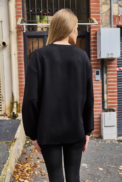 Kadın Modall Kumaş Yazı Baskılı Siyah Sweat