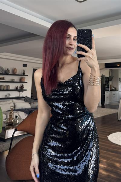 Kadın Full Payet İşlemeli İnce Askılı Şık Gece Elbisesi Siyah