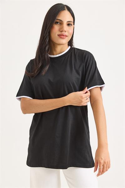 Bisiklet Yaka Kolları Garnili Kadın T-shirt Siyah