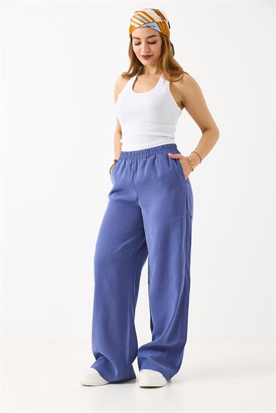 Kadın Bol Kesim Tensel Kumaş Beli Lastikli Petrol Mavisi