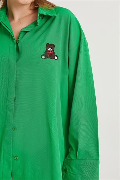 Ayıcık Nakışlı Oversize Basic Gömlek Yeşil