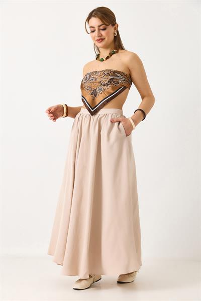 Kadın Yandan Fermuarlı Cepli Uzun Etek Bej 