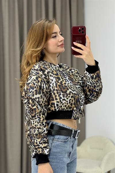 Leopar Desen Crop Şişme Mont
