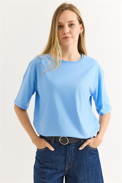 Oversize Bisiklet Yaka Basic Tshirt Mavi