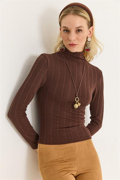 Kadın Balıkçı Yaka Triko Esnek Kazak Kahverengi