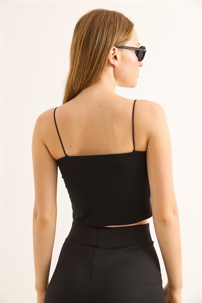 İp Askılı Crop Bluz Siyah